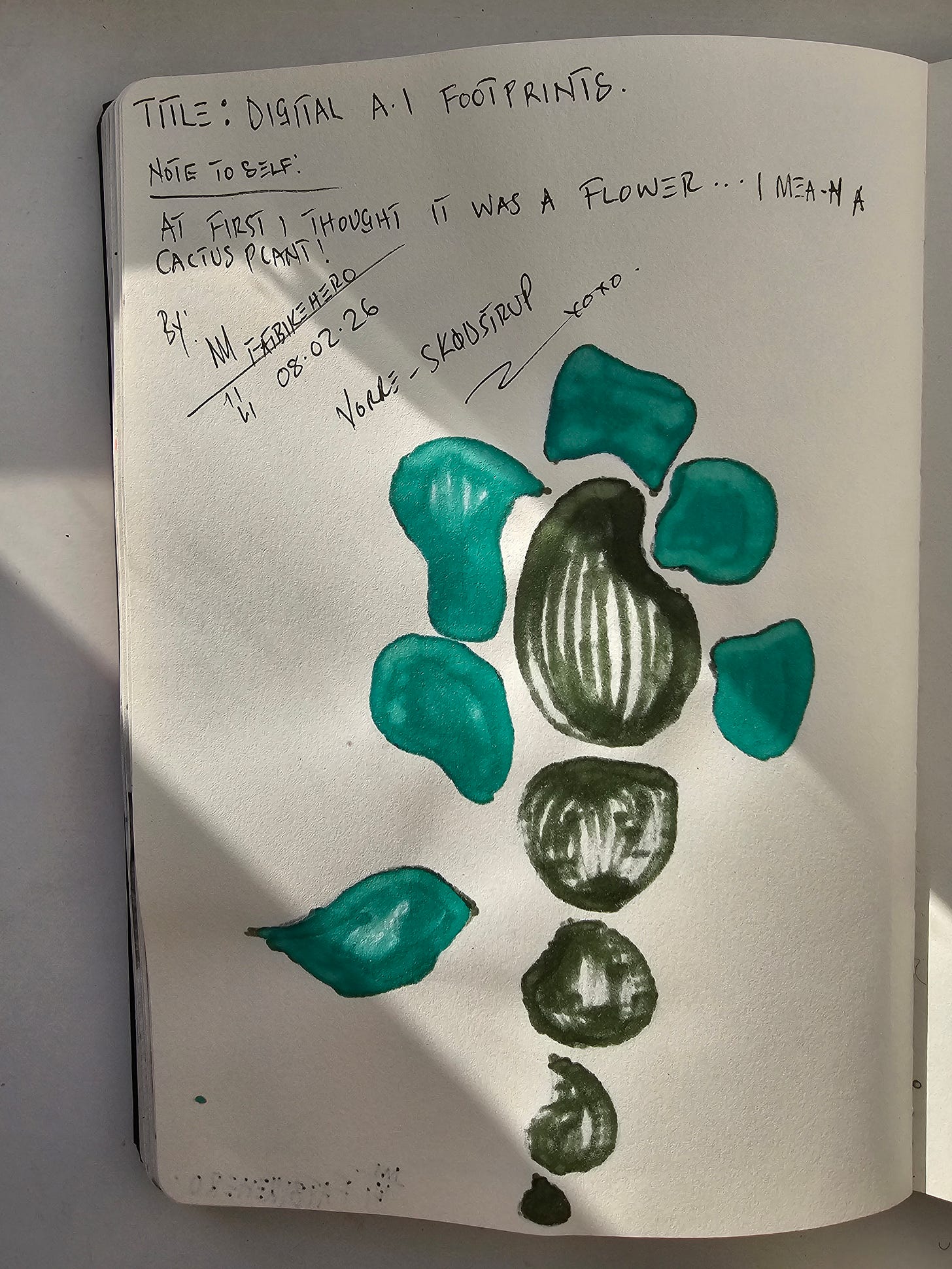 Sketchbook page with handwritten title “Digital A.I. Footprints,” reflective note about flower or cactus interpretation, signature FatbikeHero, dated 08.02.26. Sketchbook page with handwritten title “Digital A.I. Footprints,” reflective note about flower or cactus interpretation, signature FatbikeHero, dated 08.02.26.