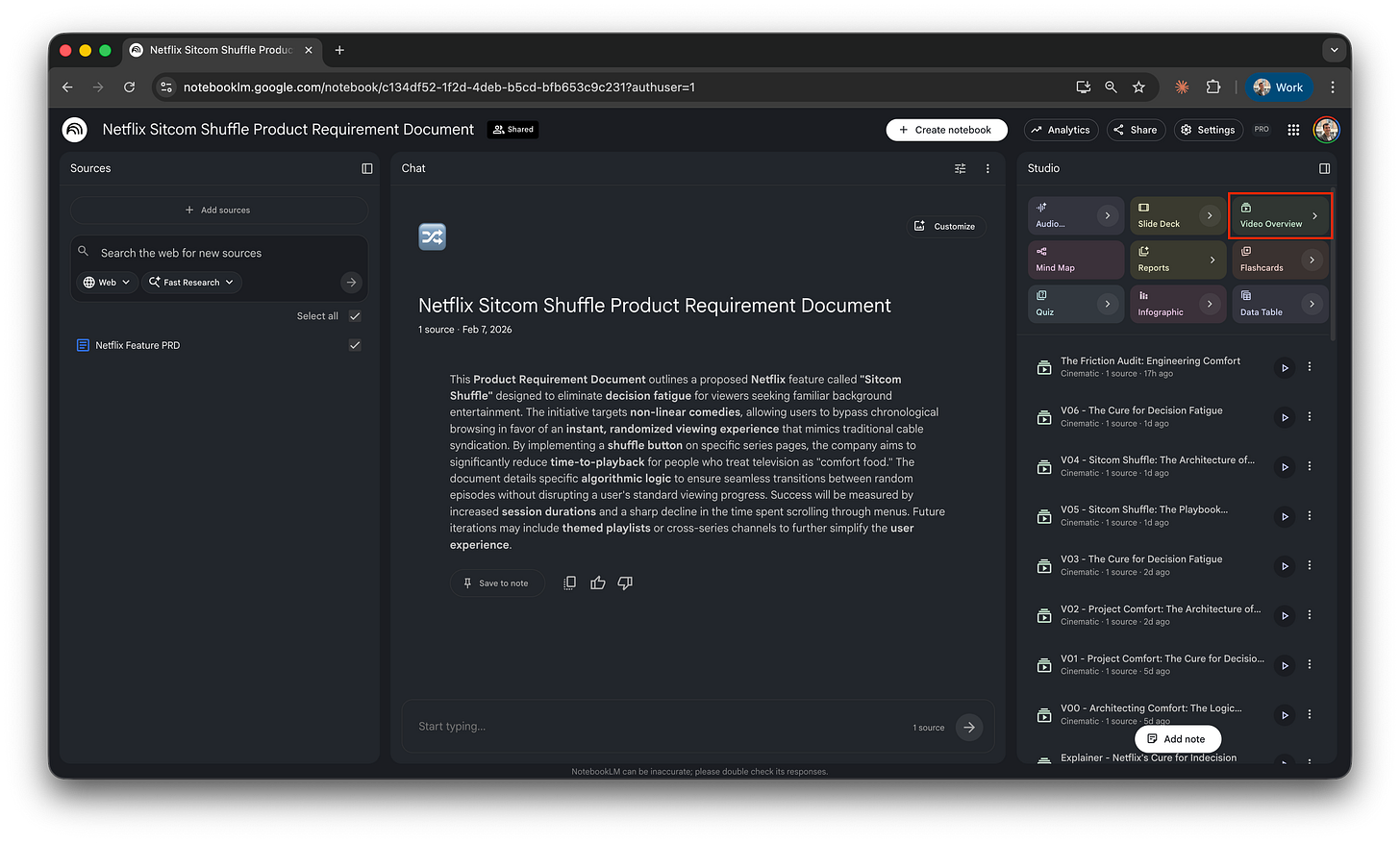 NotebookLM workspace showing one PRD document loaded as the source on the left side, and the Video Overview tile selected in the Studio panel on the right.