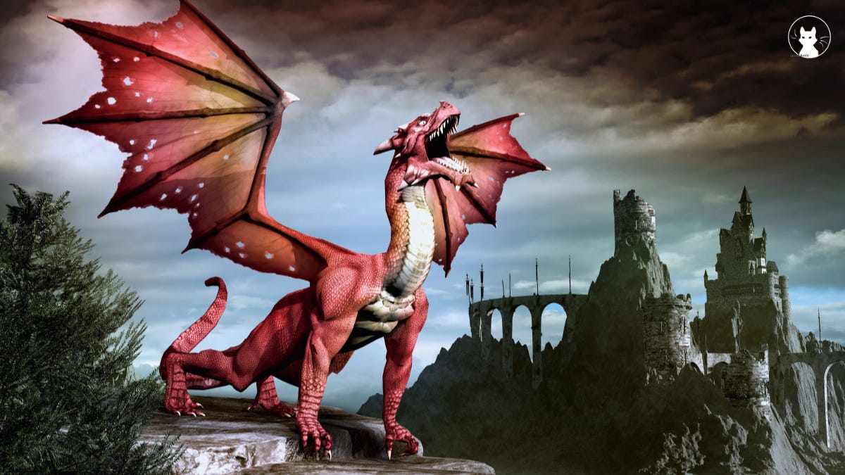 A red dragon with large, outstretched wings stands roaring on a rocky ledge, with a dark, cloudy sky and a distant, ancient castle on a cliff in the background.