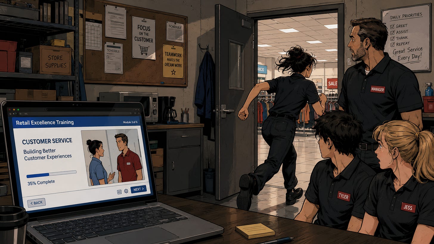 A graphic novel style illustration shows a frustrated retail employee running out of a store's back room after quitting mid shift. In the foreground, a computer screen displays an unfinished eLearning course, while a confused manager and several coworkers watch the employee leave.
