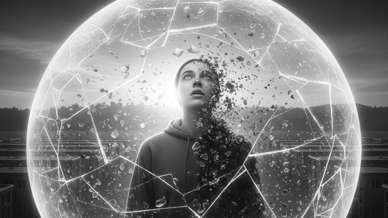 Gemini said A striking black and white cinematic photograph featuring a person standing within a large, glowing, fractal-like geometric glass sphere. Their body is partially fragmented, with pieces of glass and debris floating around them, blending into the sphere and the surrounding environment of high-rise apartment buildings under a dramatic, cloudy sky.