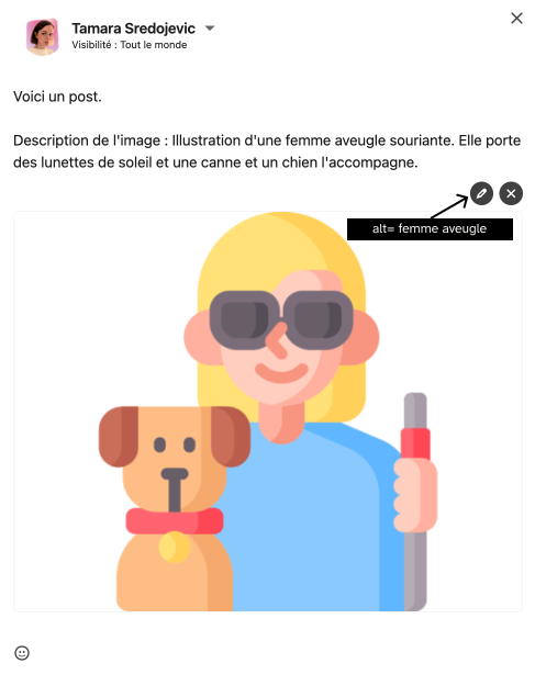 Post sur LinkedIn avec une description de l'image dans le corps du texte et alt-text configuré depuis le bouton modifier.