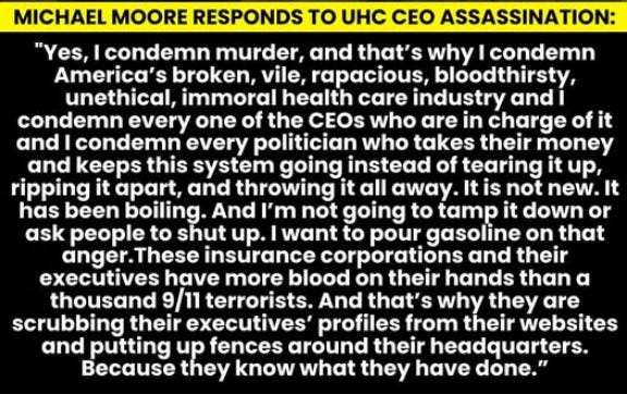 Michael Moore's statement on the UHC CEO Assassination