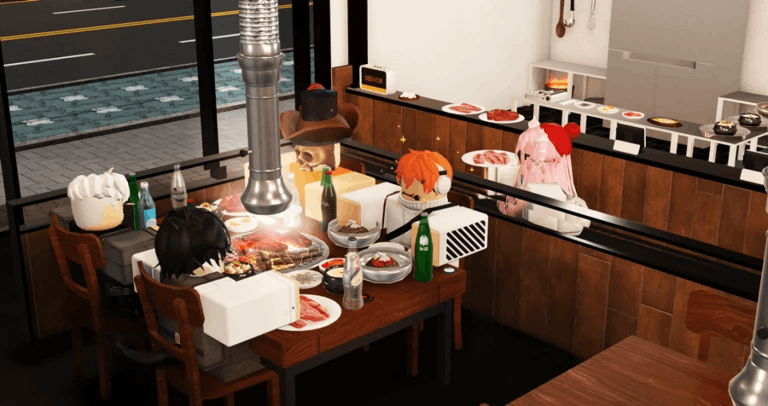 A screenshot of Roblox players sharing a KBBQ meal through the digital experience “Korean BBQ Restaurant [Byungchul's KBBQ]”.