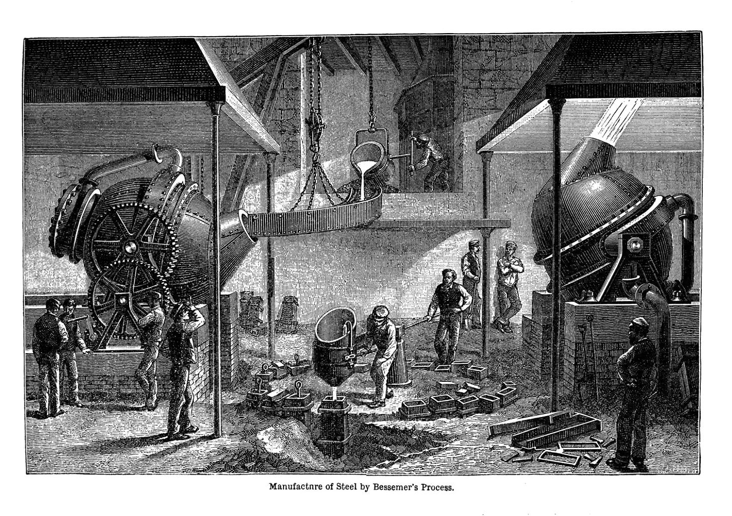 Old engraved illustration of Manufacture of Steel by Bessemer's Process. Old engraved illustration of Manufacture of Steel by Bessemer's Process.
