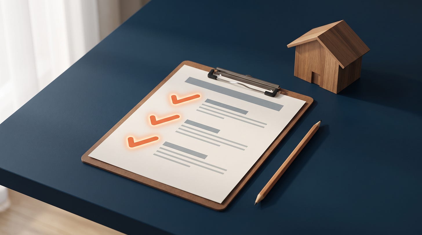 A scorecard with three glowing checkmarks beside a small house A scorecard with three glowing checkmarks beside a small house