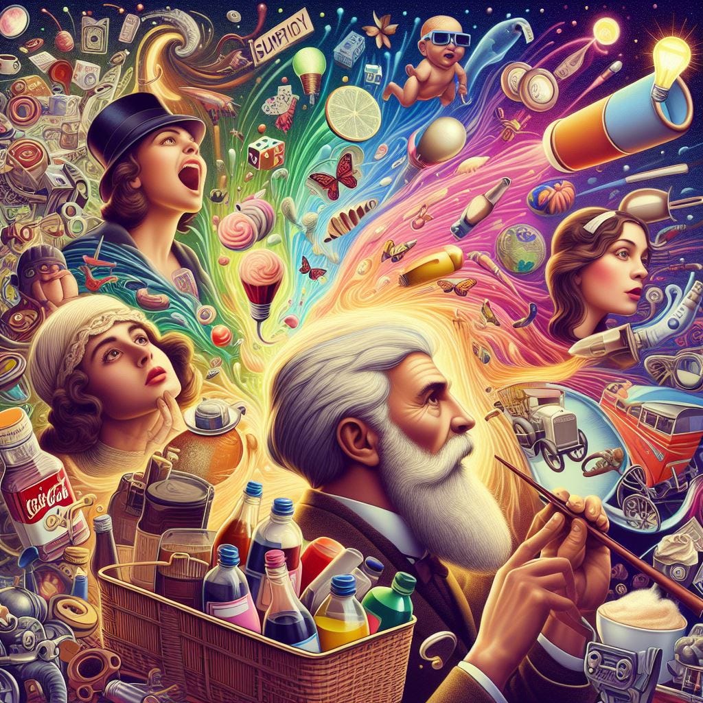 image to accompany a fun and engaging blog post about the history and dynamics of supply, demand, desire, and innovation.  digital art