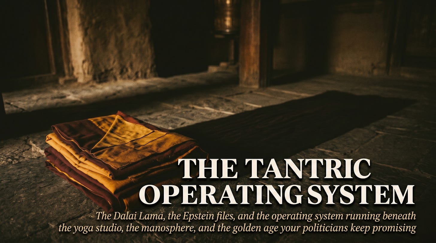 A cinematic photograph of saffron Buddhist monastic robes seen from behind, casting a long shadow across a pale stone floor. The title "The Tantric Operating System" is overlaid in white serif typography, with the subtitle below in muted gold. The robes are the visible interface; the shadow is what the essay investigates.