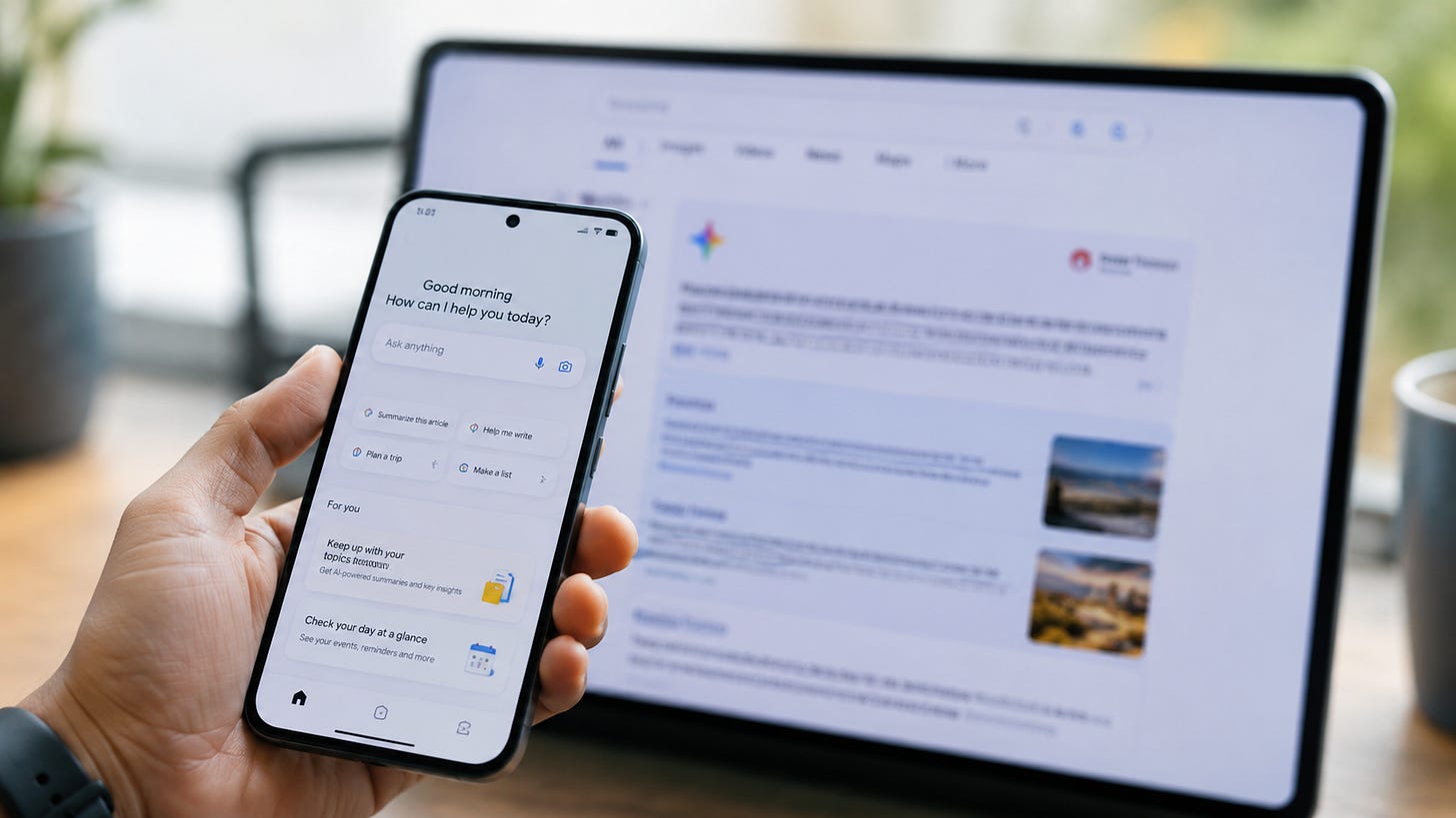 Smartphone cu interfață de asistent AI în prim-plan, pe fundal cu o pagină de căutare digitală, sugerând integrarea inteligenței artificiale în telefon, Search și aplicațiile folosite zilnic. Smartphone cu interfață de asistent AI în prim-plan, pe fundal cu o pagină de căutare digitală, sugerând integrarea inteligenței artificiale în telefon, Search și aplicațiile folosite zilnic.