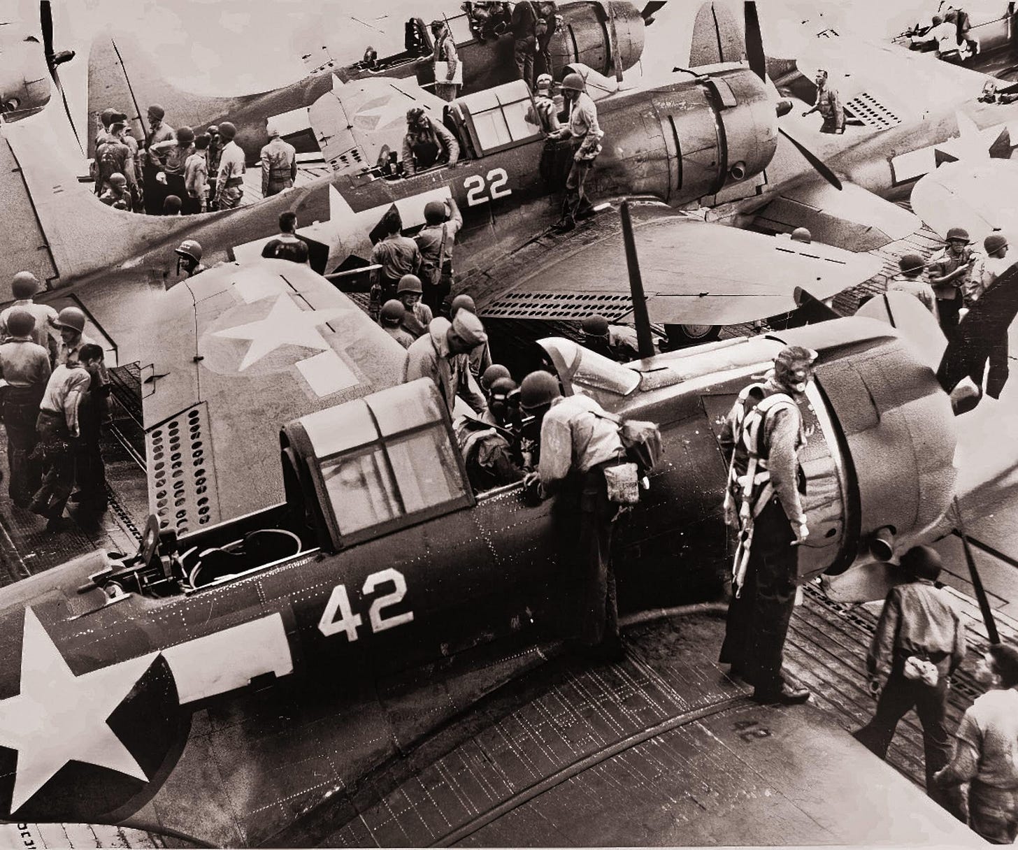 Douglas SBD-5 bombers of VB-16 on USS Lexington's (CV-16) flight deck after returning from missions on Gilbert Islands targets, September 18 1943. Douglas SBD-5 bombers of VB-16 on USS Lexington's (CV-16) flight deck after returning from missions on Gilbert Islands targets, September 18 1943.