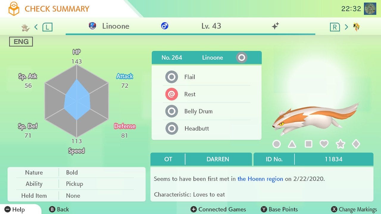 My shiny Linoone on Pokémon HOME, carried over from a copy of Pokémon Sapphire