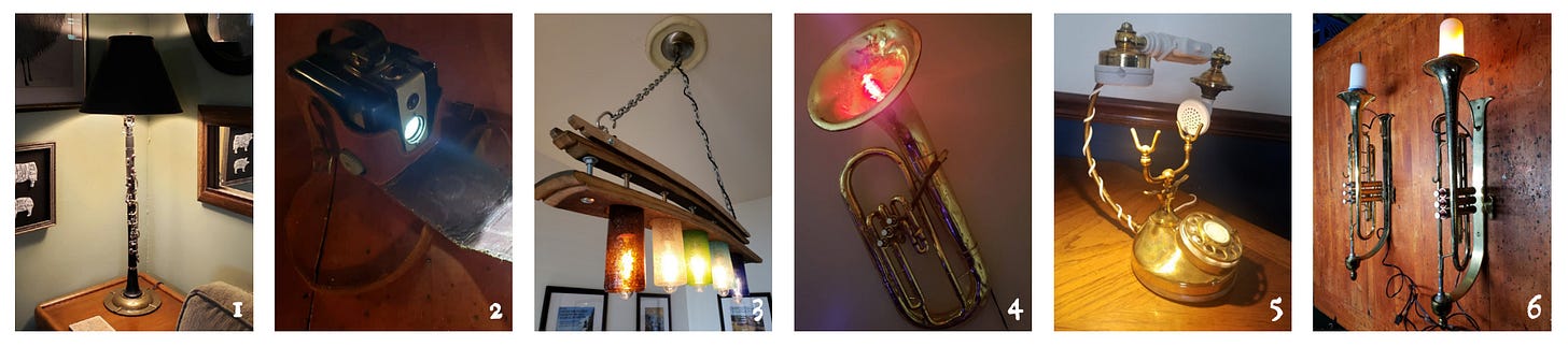 a strip of six photographs depicting lamps made out of instruments, cameras, and other objects.