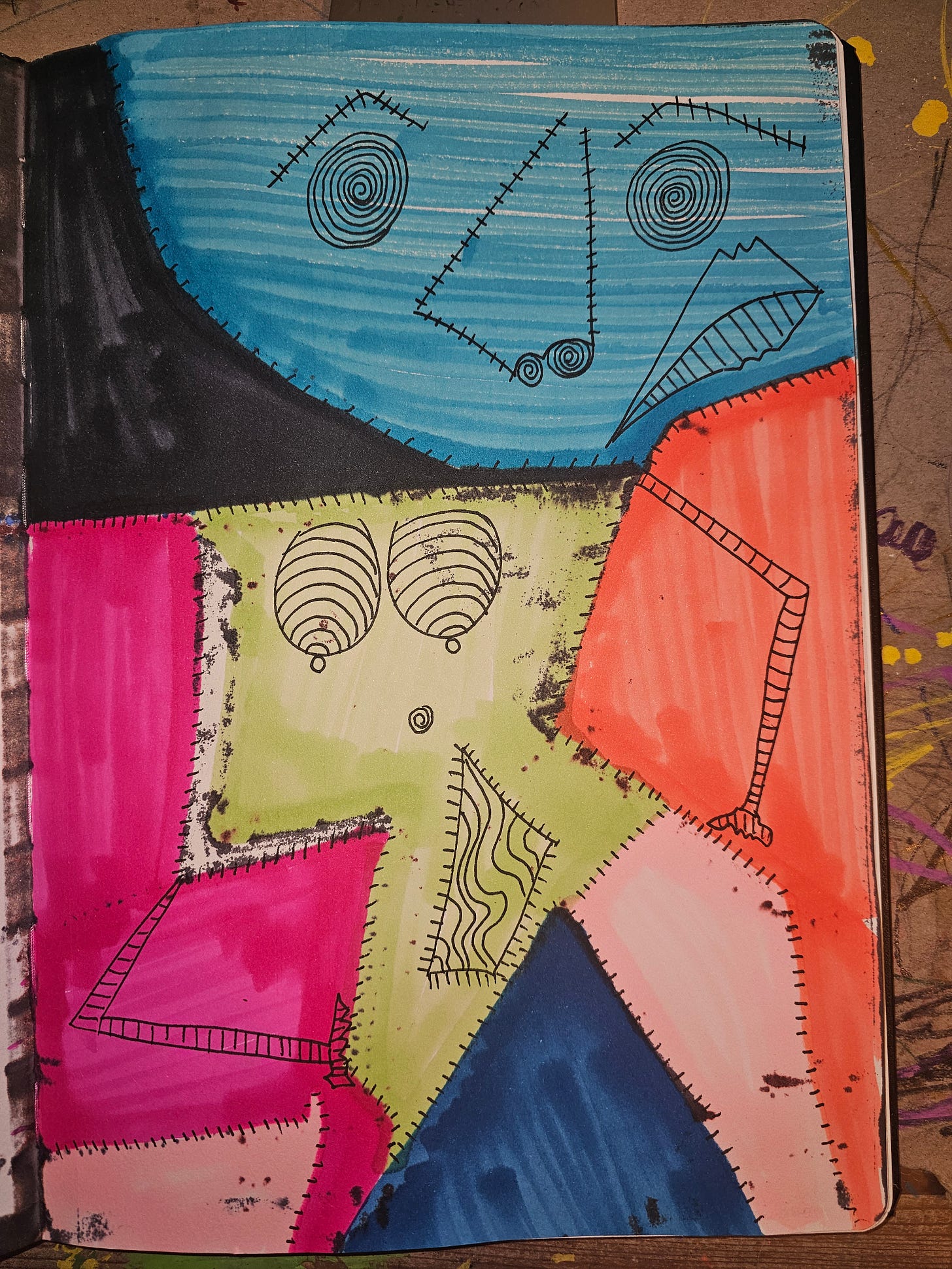 A mixed-media painting by FatbikeHero (b. 1983) titled 'The Seduction of A.I.', featuring an abstract face with spiral eyes and breasts, stitched lines, and blocks of blue, pink, and green, criticizing the 'Digital Wife' concept. A mixed-media painting by FatbikeHero (b. 1983) titled 'The Seduction of A.I.', featuring an abstract face with spiral eyes and breasts, stitched lines, and blocks of blue, pink, and green, criticizing the 'Digital Wife' concept.