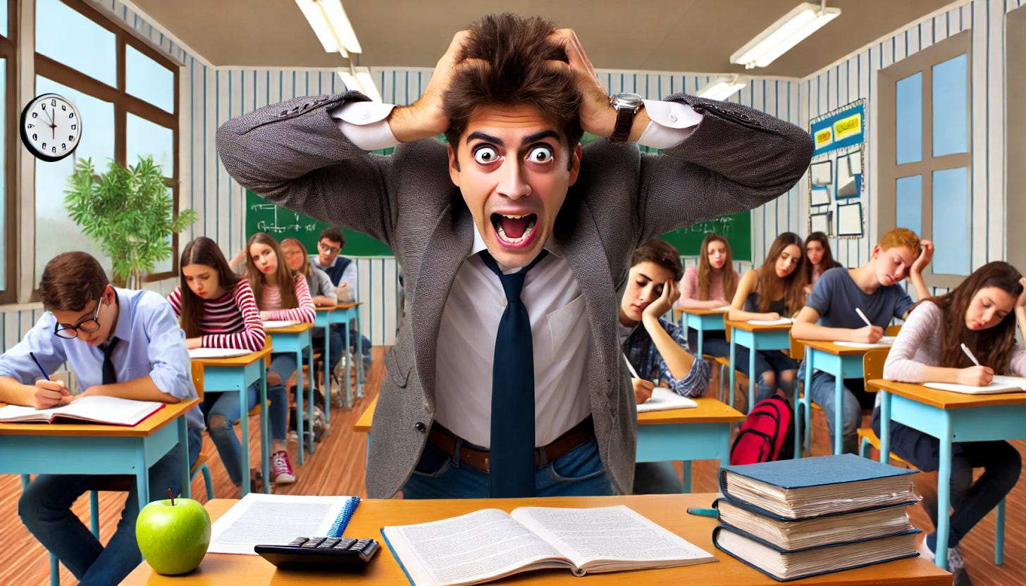 A humorous, exaggerated classroom scene showing a very frustrated male teacher in front of a class of disengaged students. The teacher has an over-the-top exasperated facial expression, with wide eyes and hands on his head as if he's about to lose it, giving a comical impression of reaching his limit. In the background, students are disengaged, with some looking at their phones, doodling, or staring into space. The setting includes desks, a chalkboard with notes, and typical classroom elements, creating a lighthearted but relatable scene. A humorous, exaggerated classroom scene showing a very frustrated male teacher in front of a class of disengaged students. The teacher has an over-the-top exasperated facial expression, with wide eyes and hands on his head as if he's about to lose it, giving a comical impression of reaching his limit. In the background, students are disengaged, with some looking at their phones, doodling, or staring into space. The setting includes desks, a chalkboard with notes, and typical classroom elements, creating a lighthearted but relatable scene.