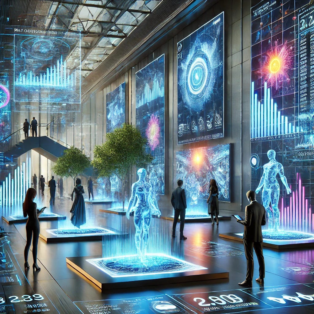 An AI and cyber themed art gallery, reflecting the importance of data-driven decision-making to navigate the complex art markets