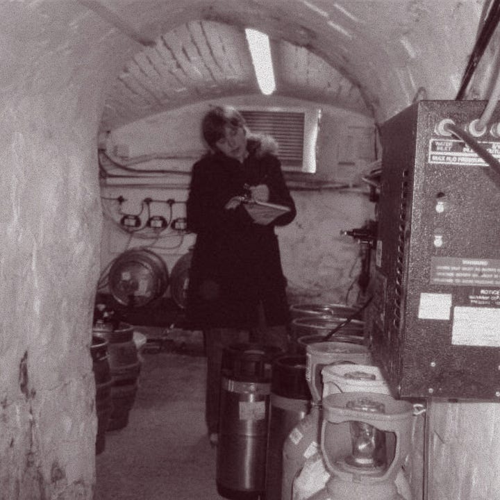 photo 1: taking notes in a basement. photo 2: taking environmental measurements in a restaurant. photo 3. walking through a warehouse. photo 4: setting up a camcorder on a tripod.