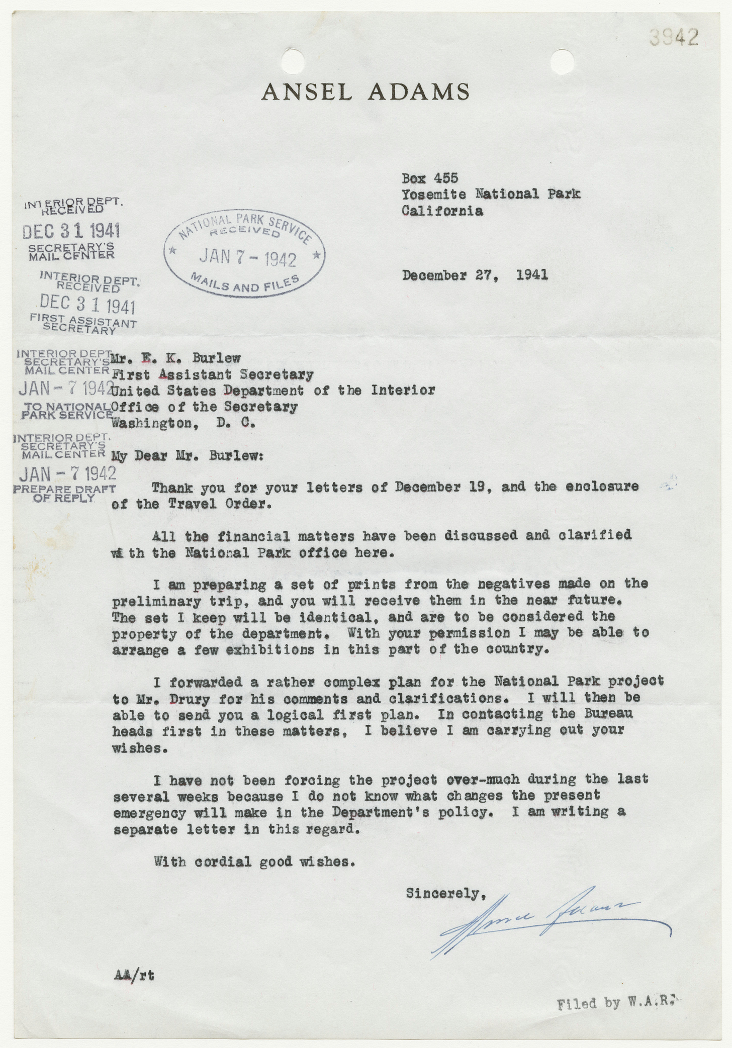 Letter from Ansel Adams to E. K. Burlew regarding preparing prints for National Parks Letter from Ansel Adams to E. K. Burlew regarding preparing prints for National Parks