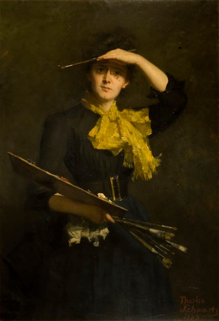 'Zelfportret met palet' 1888 olieverf op doek: Thérèse Schwartze (Herkomst: Gallerie degli Uffizi, Florence) 'Zelfportret met palet' 1888 olieverf op doek: Thérèse Schwartze (Herkomst: Gallerie degli Uffizi, Florence)