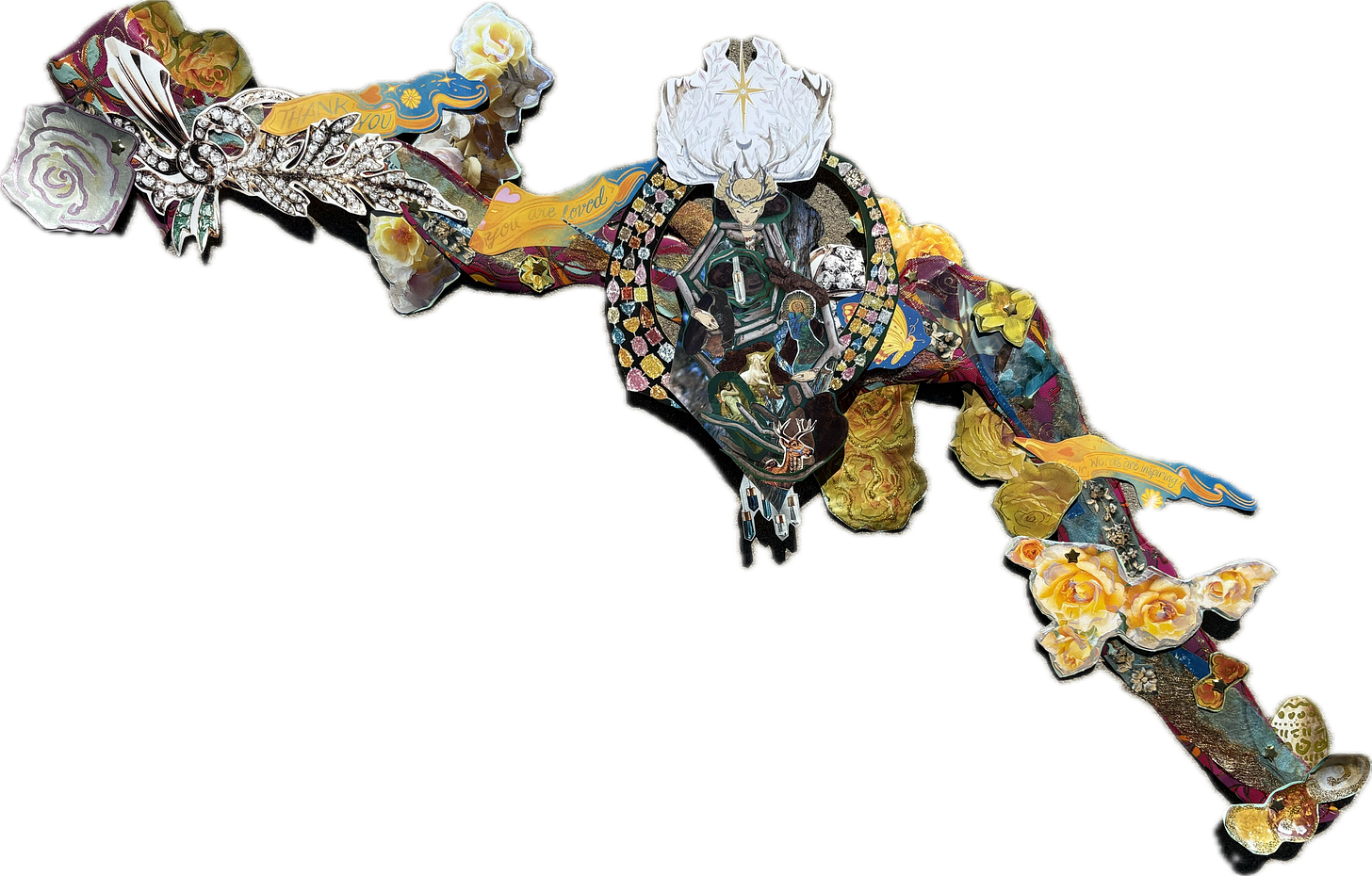 A mixed media collage in the shape of the River Hart, predominantly in golden yellow. A collaged image of the Goddess Elen of the Ways is in the center. The river is adorned with yellow roses.