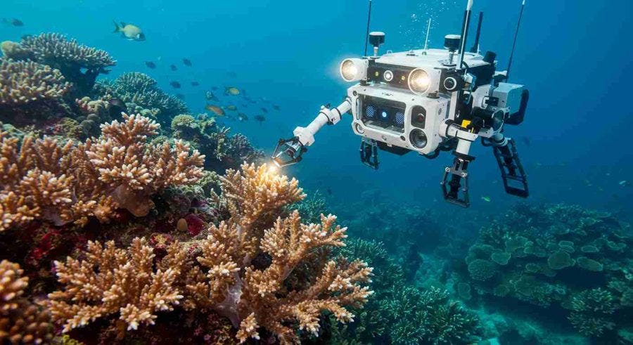 An underwater robot beside a coral reef An underwater robot beside a coral reef
