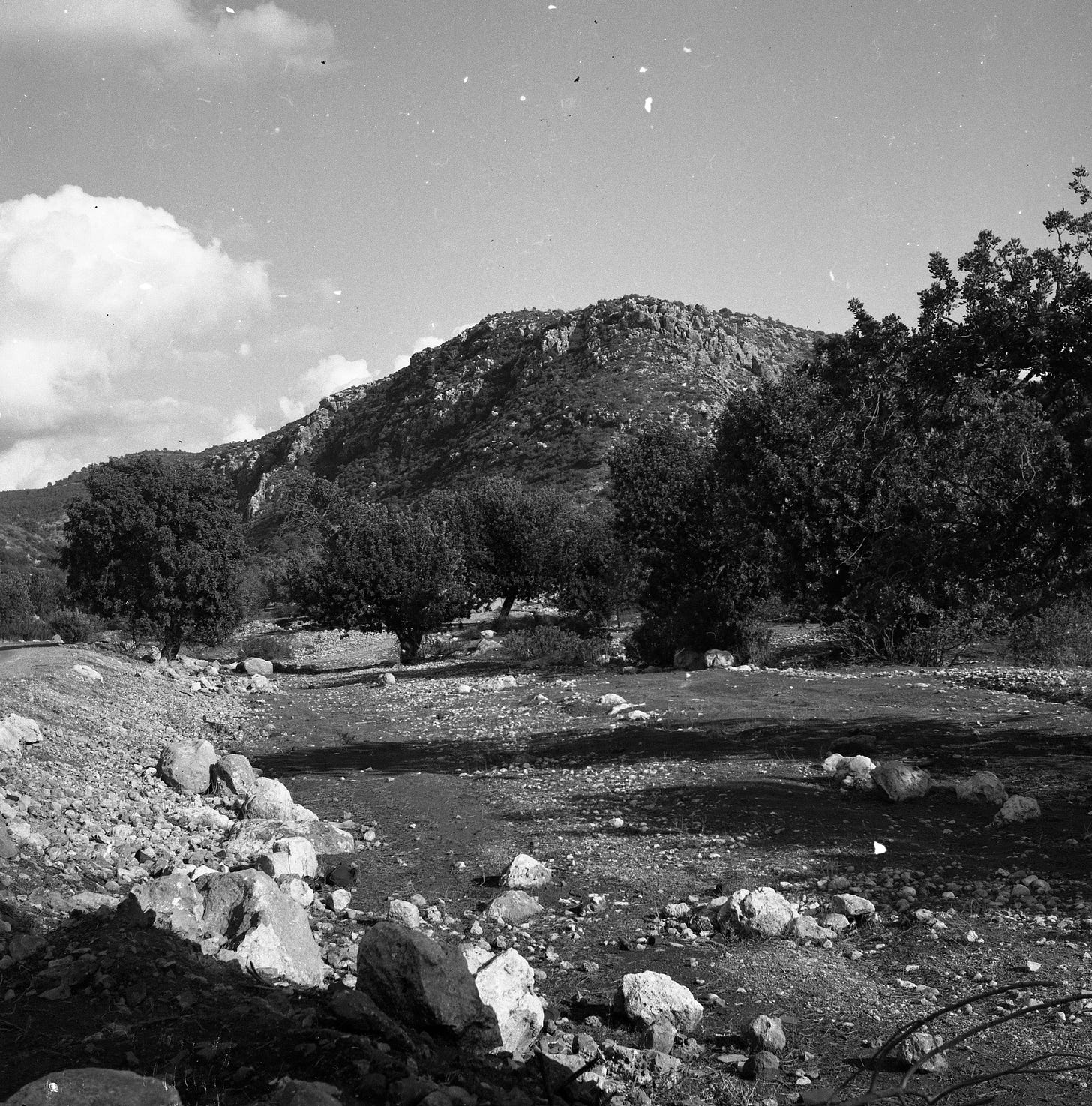 Archival view of the Nahal Oren archaeological site and surrounding landscape. This illustrates settlement archaeology; it is not Ain Mallaha. Archival view of the Nahal Oren archaeological site and surrounding landscape. This illustrates settlement archaeology; it is not Ain Mallaha.