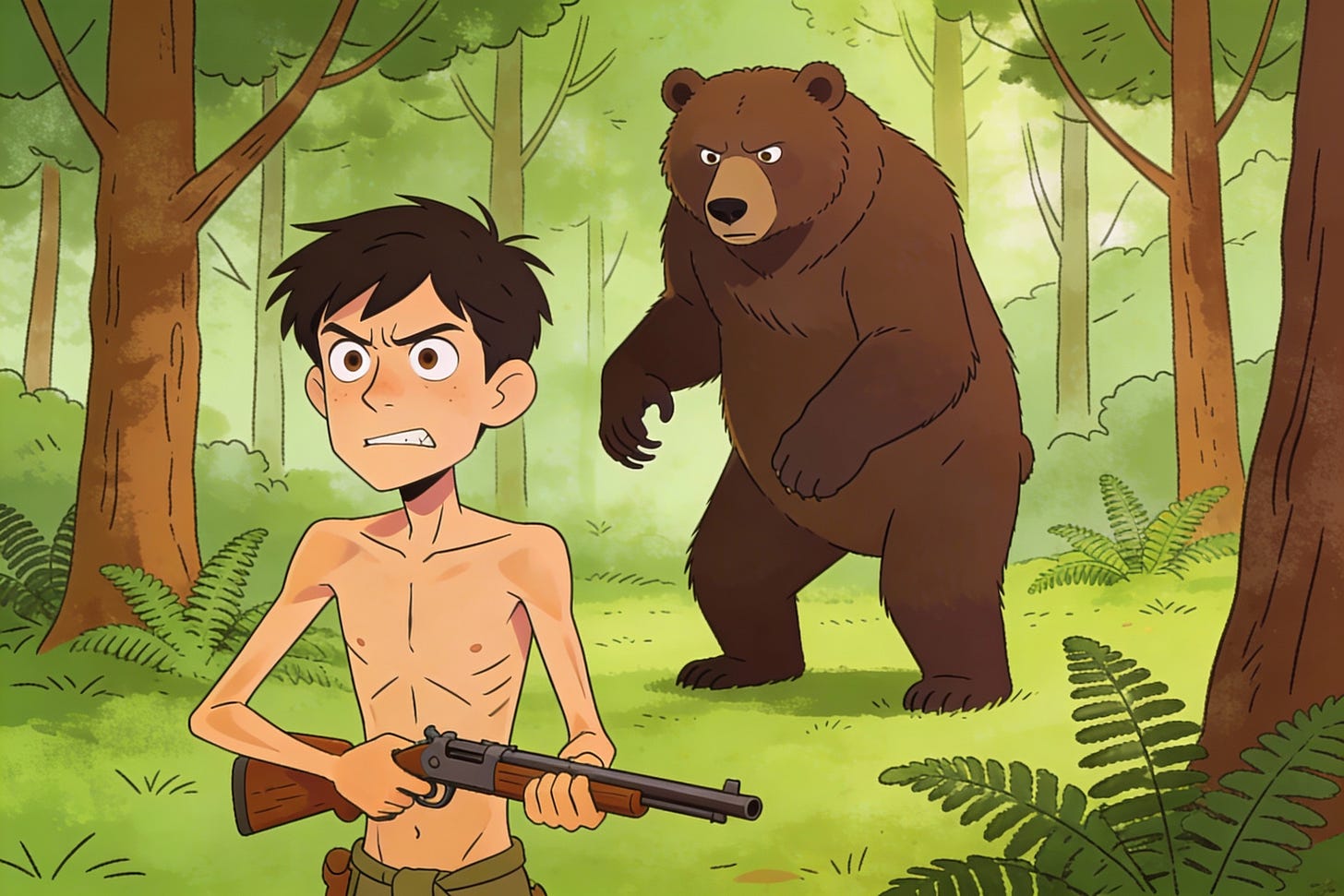 A skinny young man is hunting, holding his rifle, and facing the viewer, looking serious and nervous; in the background a bear is coming towards him, upright on two legs. A skinny young man is hunting, holding his rifle, and facing the viewer, looking serious and nervous; in the background a bear is coming towards him, upright on two legs.