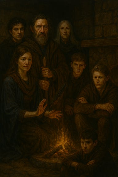 The Martikov family gathered in the dim stone cellar of the Wizard of Wines winery. Davian Martikov, visually based on Ciarán Hinds, stands at the center with a stern, weathered face, raven feather braided into his beard, and a heavy cloak. Stefania, visually based on Kelly Macdonald, sits nearby folding a quilt, her expression protective but weary. Adrian, visually based on Aneurin Barnard, leans against a barrel sharpening a stake, brooding and intense. Ursula, visually based on Frances Conroy, traces a symbol of the Huntress in ash on the stone floor, ethereal and solemn. Claudiu, visually based on Alex Lawther, slouches near vinegar casks, arms crossed, bitterness etched across his young face. Adrian, visually based on Joe Alwyn, watches quietly from the shadows, calm and steady. Elvir, visually based on Barry Keoghan, stands apart, gaze sharp and defiant, tension in his posture. The cellar is lit by a flickering hearth, shadows stretching across cracked barrels and wine-stained stone walls, with stormlight faintly seeping through the ceiling beams. The Martikov family gathered in the dim stone cellar of the Wizard of Wines winery. Davian Martikov, visually based on Ciarán Hinds, stands at the center with a stern, weathered face, raven feather braided into his beard, and a heavy cloak. Stefania, visually based on Kelly Macdonald, sits nearby folding a quilt, her expression protective but weary. Adrian, visually based on Aneurin Barnard, leans against a barrel sharpening a stake, brooding and intense. Ursula, visually based on Frances Conroy, traces a symbol of the Huntress in ash on the stone floor, ethereal and solemn. Claudiu, visually based on Alex Lawther, slouches near vinegar casks, arms crossed, bitterness etched across his young face. Adrian, visually based on Joe Alwyn, watches quietly from the shadows, calm and steady. Elvir, visually based on Barry Keoghan, stands apart, gaze sharp and defiant, tension in his posture. The cellar is lit by a flickering hearth, shadows stretching across cracked barrels and wine-stained stone walls, with stormlight faintly seeping through the ceiling beams.