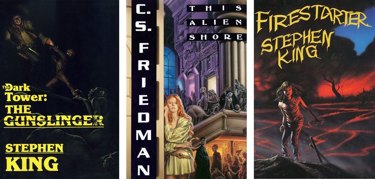 The covers with atypical text placement (left to right): THE DARK TOWER: THE GUNSLINGER by Stephen King with text position on the lower half of the left margin, THIS ALIEN SHORE by C.S. Friedman with author vertically along the left margin and title small in the upper right corner, and FIRESTARTER by Stephen King in wavy text at the top left. The covers with atypical text placement (left to right): THE DARK TOWER: THE GUNSLINGER by Stephen King with text position on the lower half of the left margin, THIS ALIEN SHORE by C.S. Friedman with author vertically along the left margin and title small in the upper right corner, and FIRESTARTER by Stephen King in wavy text at the top left.