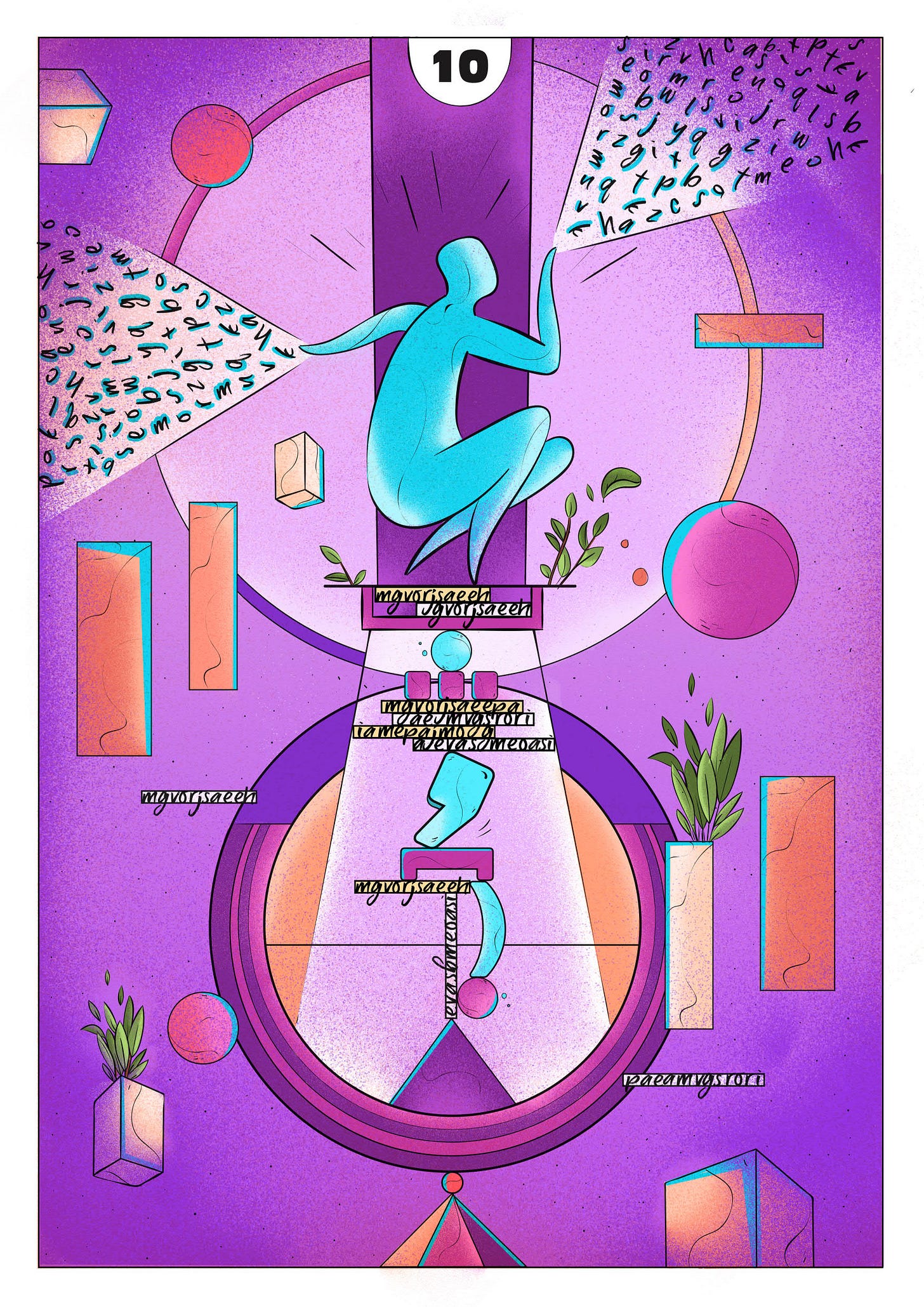 A blue, dancing humanoid style figure balances on a platform supported by a column of punctuation marks, with letters and nonsense words supporting them, and fanning out from one of their upper limbs in front of them and behind them from their other limb A blue, dancing humanoid style figure balances on a platform supported by a column of punctuation marks, with letters and nonsense words supporting them, and fanning out from one of their upper limbs in front of them and behind them from their other limb