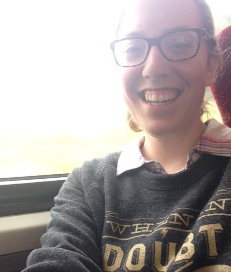 On the left, Katie looks very sad in India, sitting with a teddy bear the same size as her; on the right, a selfie of Katie on a train, genuinely smiling for the first time in years