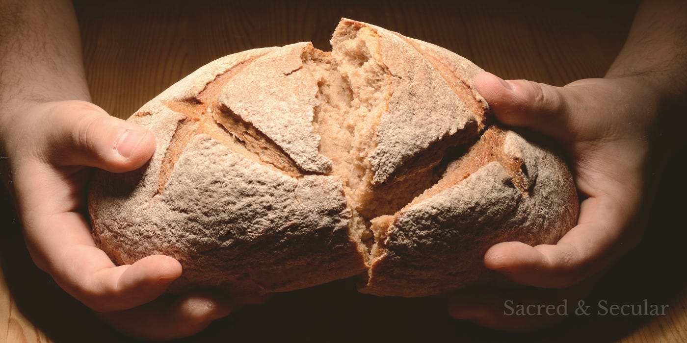 Two hands gently breaking a rustic loaf of bread in warm, low light, evoking the intimacy of the Last Supper and the quiet significance of shared meals. Image created using Canva Pro.