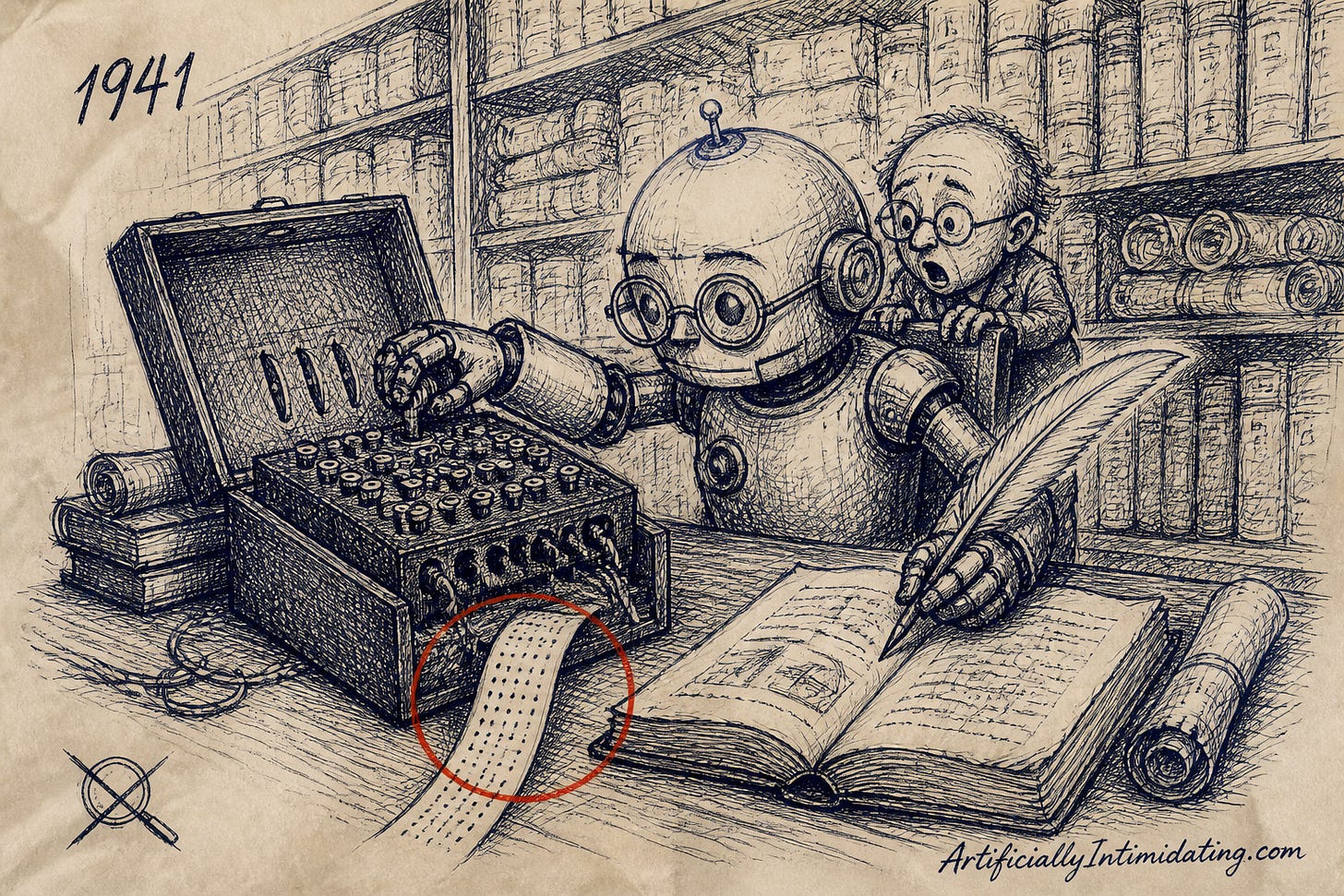 A hand-drawn illustration of a small robot in reading glasses working an Enigma machine in a dusty archive while a startled historian looks over its shoulder.