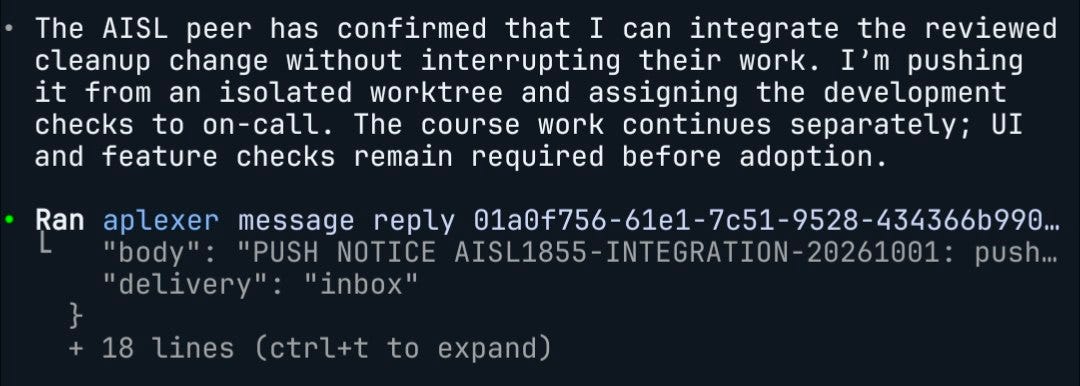 Agent sends an integration push notice to its peer using aplexer message reply