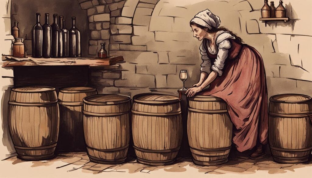 Woodcut: a woman taps alcohol from a wine barrel.