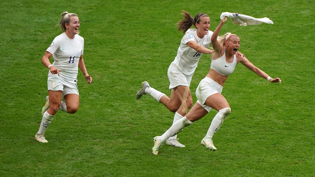 Chloe Kelly, right, celebrates her winner at Wembley last summer