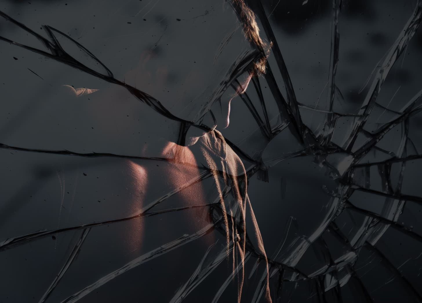 A cracked mirror with a blurred male silhouette behind it.