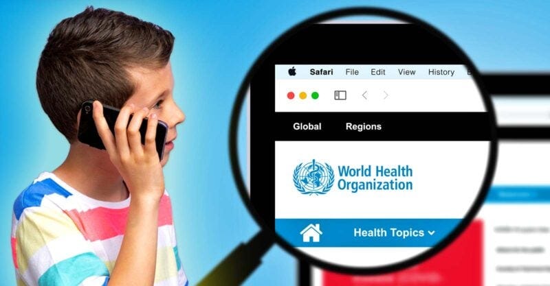boy talking on cellphone and WHO logo