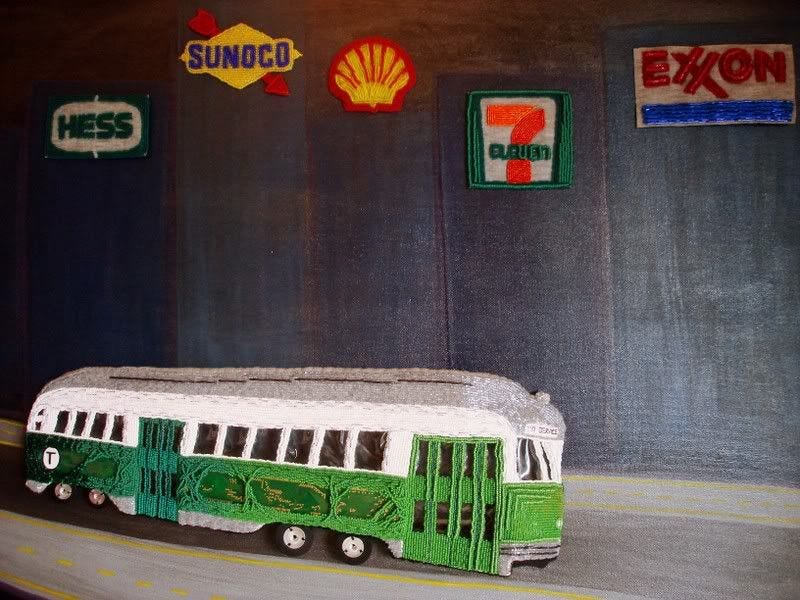 Beaded Boston trolley train MBTA T citgo sign pop art artist lone beader kenmore square city gas price Beaded Boston trolley train MBTA T citgo sign pop art artist lone beader kenmore square city gas price