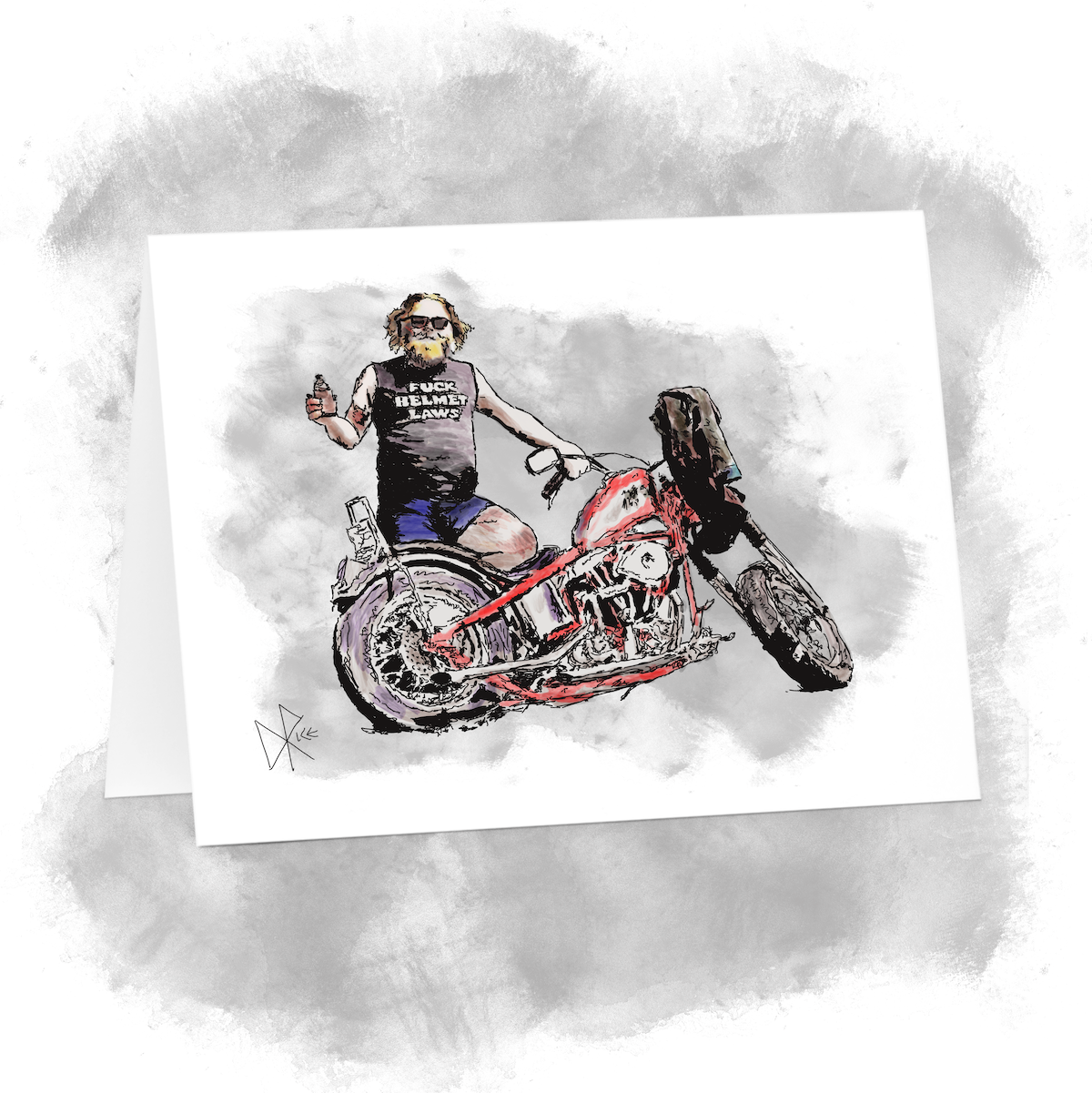 A standing bikerider poses by his motorcycle, beer in his hand, wearing a t-shirt that reads ‘Fuck Helmet Laws’. Sketch art by Don Rice. A standing bikerider poses by his motorcycle, beer in his hand, wearing a t-shirt that reads ‘Fuck Helmet Laws’. Sketch art by Don Rice.