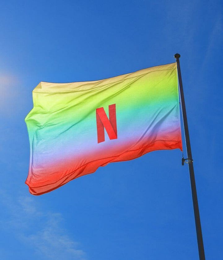 wo images from Studio NARI’s rebrand for MOST, Netflix’s LGBTQIA+ platform. One shows a model in glam styling against a lavender backdrop, representing queer expression. The other features a rainbow gradient flag with the Netflix logo flying against a clear blue sky.