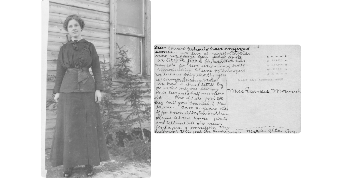 Handwritten postcard from Frankie Barnes to her cousin Frances Mosrud. Handwritten postcard from Frankie Barnes to her cousin Frances Mosrud.