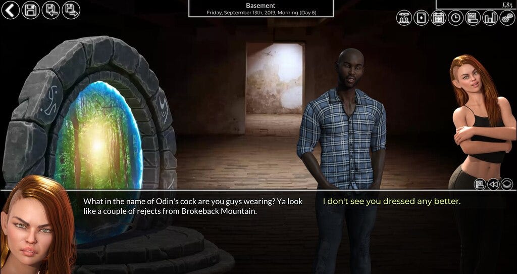 A redhead girl and a black guy stand next to a portal while the girl says the protagonist and his friend look like rejects from Brokeback Mountain