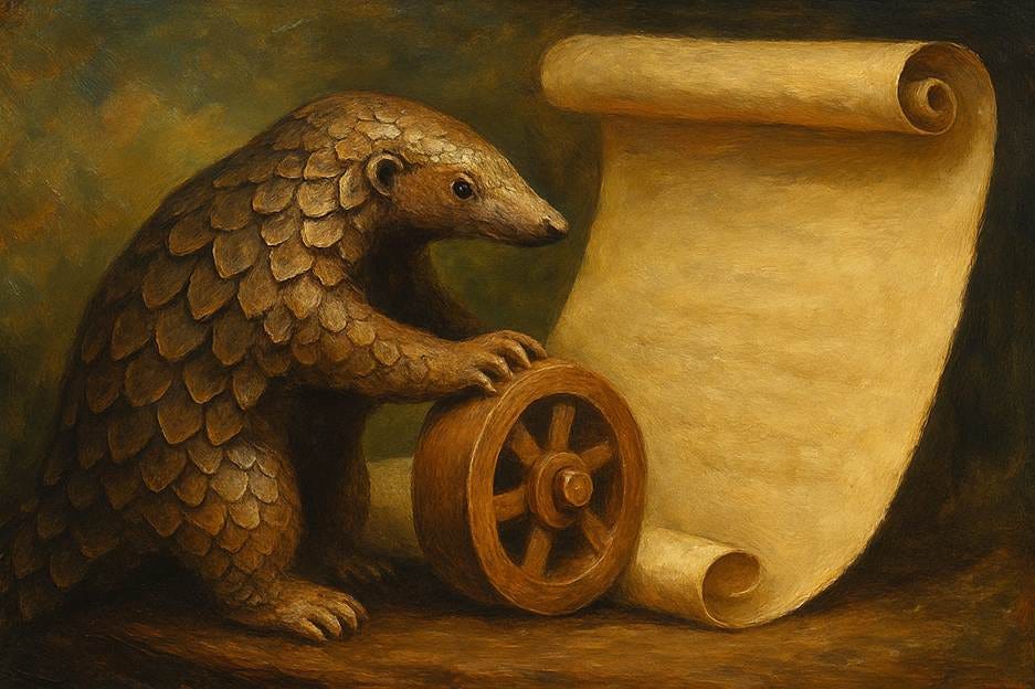 An animal with a wheel and a scroll

AI-generated content may be incorrect.