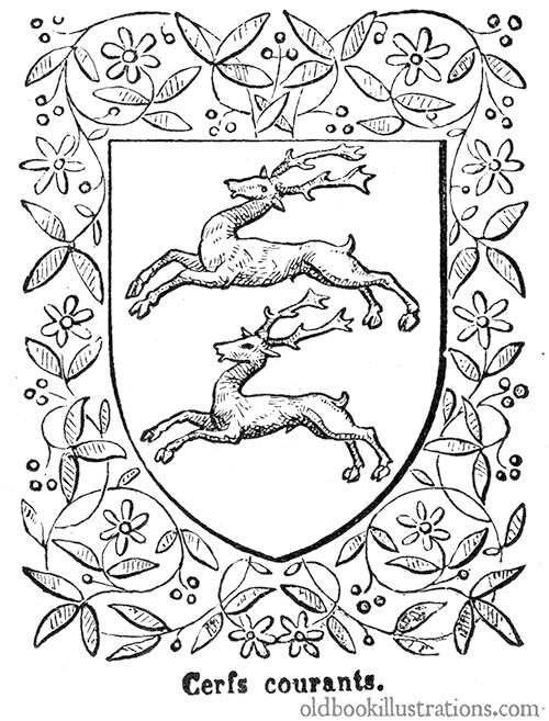 Coat of arms showing two identical running stags, one above the other, set onto a decorative background of flowers and foliage.  The caption reads in the original French: Cerfs courants.