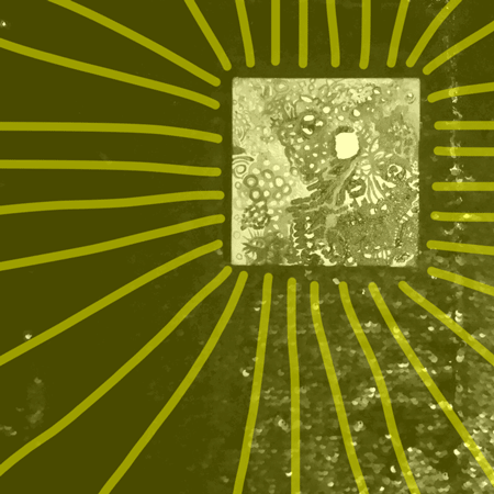 An animated loop of a small square abstract painting on a black sequined background overlayed with a yellow transparency and yellow lines.