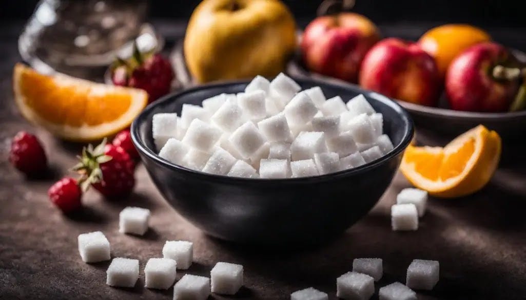 The arrangement comprises a variety of fruits and fruit slices meticulously placed around a decorative bowl filled with small, white granulated sugar cubes.