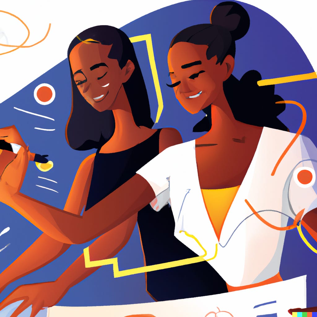 A female product manager and female product designer working together. One is holding what seems to be a pen. Both are smiling. An AI-generated image in vaporware style.