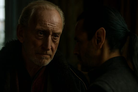 A dark fantasy image of King Barov, reminiscent of Charles Dance, speaking to a younger Rahadin, reminiscent of Alexander Siddig but with elven features, in a flashback scene. The setting is a candlelit war chamber inside Castle Ravenloft, with stone walls, a large map table, and flickering sconces casting long shadows. King Barov stands tall in regal robes of deep crimson and gold, his expression stern and calculating, one hand resting on the hilt of a ceremonial sword. Rahadin, younger and leaner, has sharp elven features, long black hair tied back, and wears dark armor with silver accents. He stands respectfully, but his eyes burn with ambition. Between them, the map table shows troop movements and marked territories. The atmosphere is tense, filled with legacy and expectation.