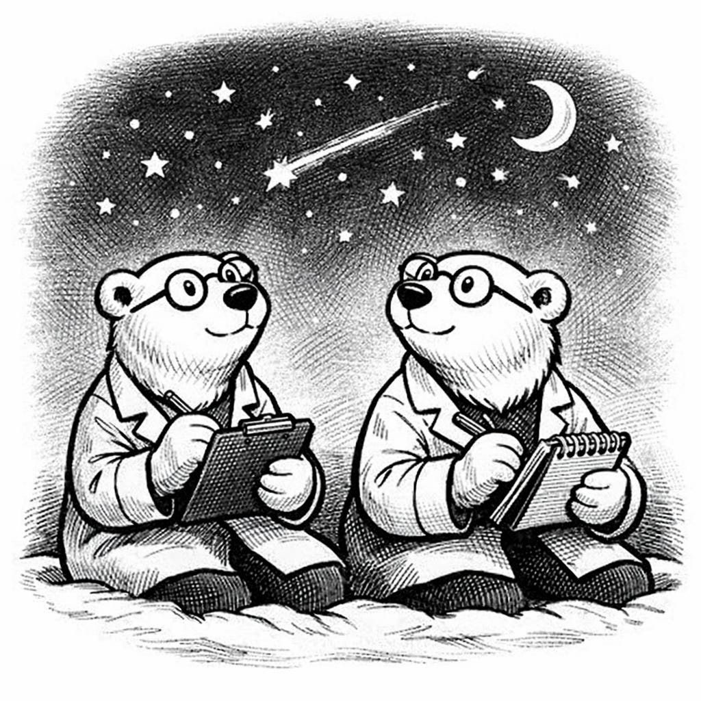 Black-and-white newspaper-style cartoon of two polar bears sitting on snow under a starry night sky. Both wear lab coats and round glasses. One holds a clipboard and pencil, the other a spiral notebook, as they look upward thoughtfully. A crescent moon and a shooting star appear among scattered stars above them. The scene has soft shading and cross-hatched details.