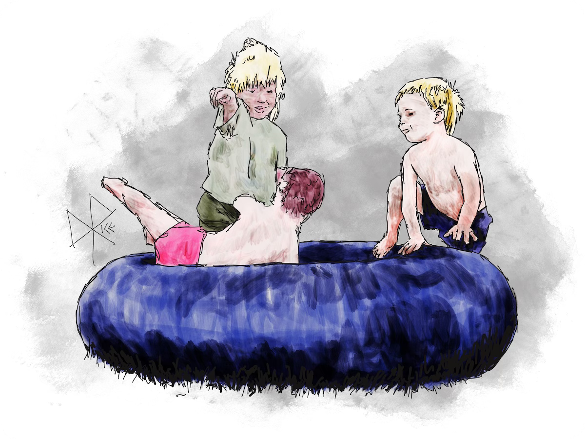 Three children playing on an industrial inner tube, in a backyard on a sunny summer day. Sketch art by Don Rice.